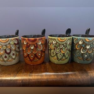 Set of 4 Mr Coffee Peacock mugs with spoons